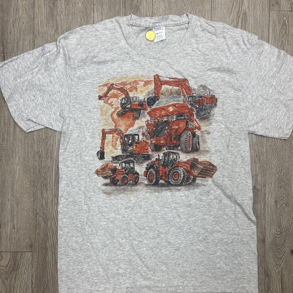 Gray Hitachi construction equipment cotton t-shirt with graphic of red construct